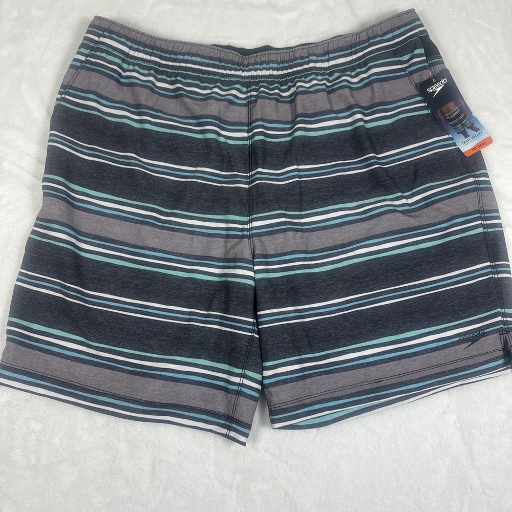 Speedo Mens Tech Volley Swim Trunks XXL 38-40‎ Grey Striped Boardshorts NWT